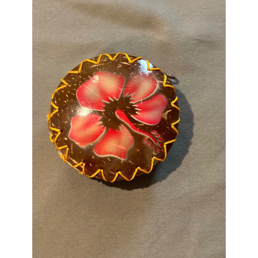 Hand Painted Coconut Shell Coin Purse Pink Hibiscus Tropical Floral Mini Pouch